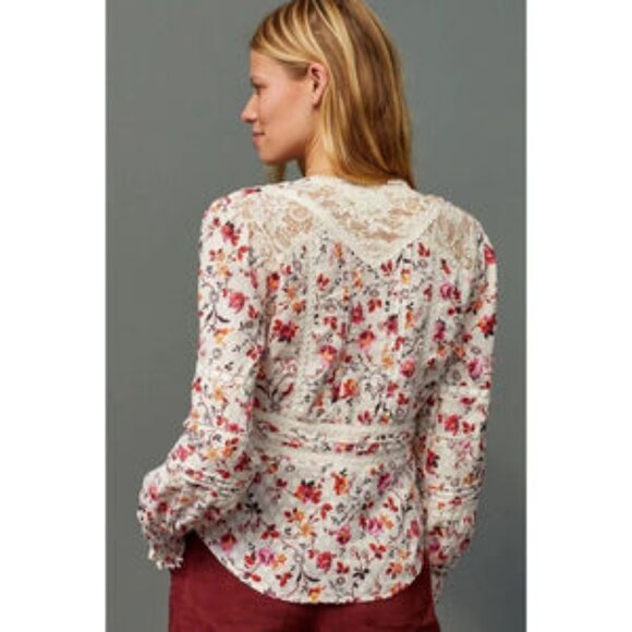 NWOT Anthropologie Puff-Sleeved Floral Buttondown Blouse with Lace  - Size US 2 - Picture 3 of 3